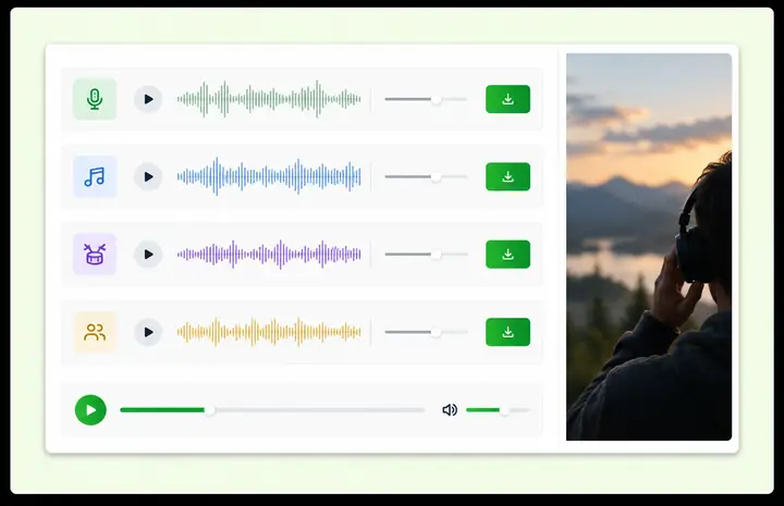 Interfaz que muestra pistas de audio separadas listas para previsualizar y descargar