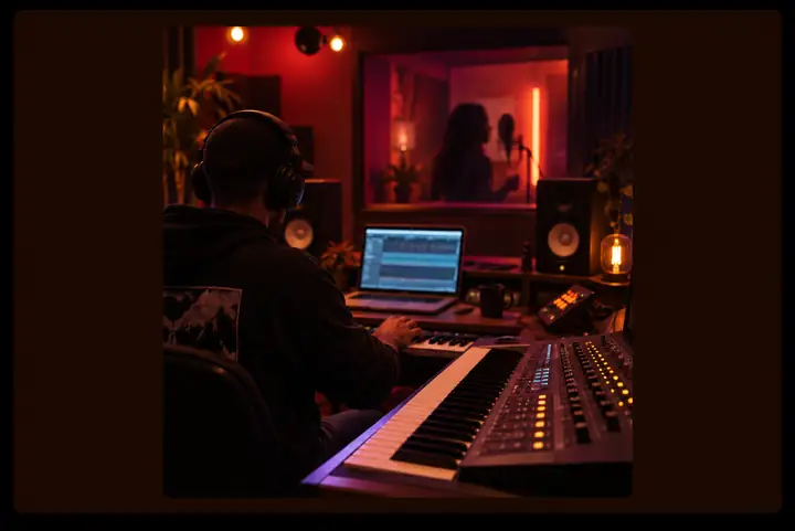 Productor musical trabajando con un teclado y una mesa de mezclas en un estudio de grabación