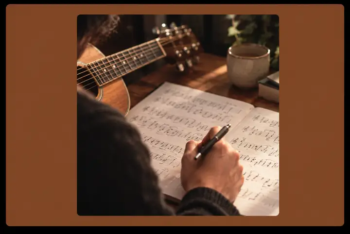 Músico estudiando partituras manuscritas junto a una guitarra
