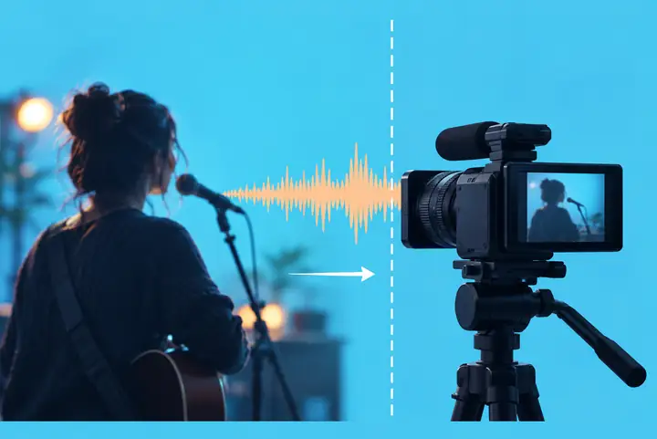 Cámara de vídeo y forma de onda de audio que ilustran la extracción de una pista vocal