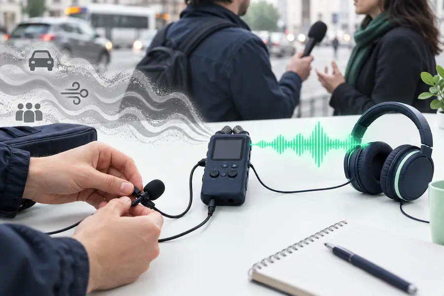 Illustration of a recorded interview and a speech-focused waveform